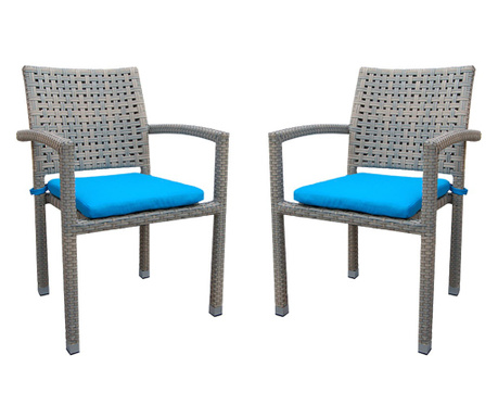 RAKI ROKHA Set 2 scaune gradina/terasa cu brate, poliratan, cadru aluminiu, perna albastra