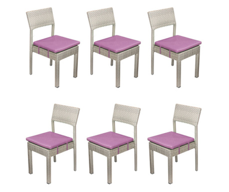 RAKI NORTE Set 6 scaune gradina/terasa poliratan, cadru aluminiu, perna mov