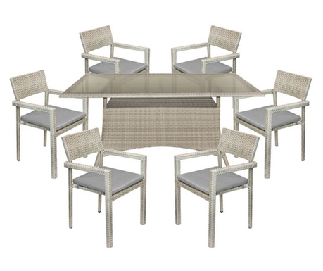 RAKI BELEM Set mobilier gradina ratan sintetic gri, masa 160x90xh74cm, 6 scaune cu brate si perne