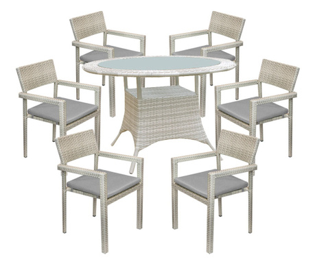 RAKI GOIAS Set mobilier gradina ratan sintetic gri, masa rotunda D120xh74cm, 6 scaune cu brate si perne