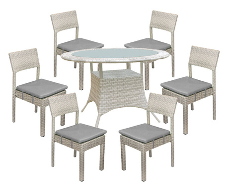 RAKI GOIAS Set mobilier gradina ratan sintetic gri, masa rotunda D120xh74cm, 6 scaune cu perne