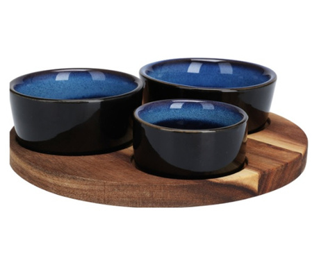 Set servire tapas Excellent Houseware, bambus/ceramica, 20x1.2 cm, albastru