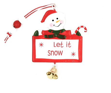 Decorațiune alb cu roșu, din metal, om de zăpadă, cu clopoțel - Let it snow