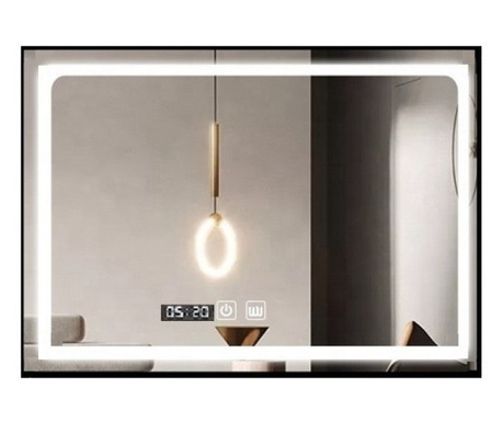 Oglinda LED si Touch, 100 x 65 cm, cu Functie Dezaburire si Ceas, Rama Negru Mat, Smack