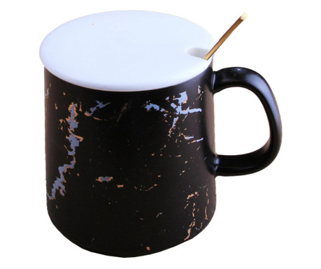 Чаша с керамичен капак и чаена лъжичка Pufo Mistery за кафе или чай, 300 мл, черна