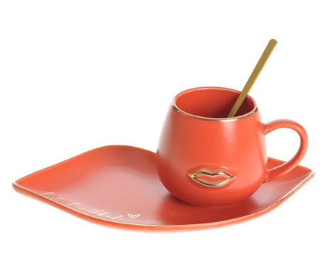 Керамична чаша с чиния и чаена лъжичка Pufo Красива за кафе или чай, 180 мл, розова