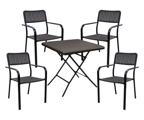 RAKI Set mobilier balcon, masa pliabila 78x78xh74cm aspect lemn si 4 scaune cu brate Campman 55,5x54xh80cm, maro, plastic/metal