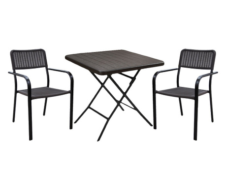 RAKI Set mobilier balcon, masa pliabila 78x78xh74cm aspect lemn si 2 scaune cu brate Campman 55,5x54xh80cm, maro, plastic/metal