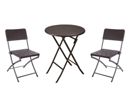 RAKI Set mobila pentru balcon, masa pliabila D60xh74cm si 2 scaune pliabile 57x44xh80cm, aspect ratan, maro, plastic/metal
