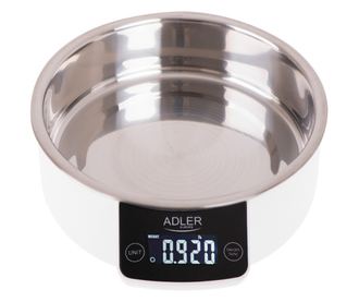 Кухненска везна с купа Adler AD 3166, 5 кг, LCD дисплей, ТАРА, Бял/Инокс