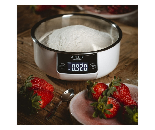 Кухненска везна с купа Adler AD 3166, 5 кг, LCD дисплей, ТАРА, Бял/Инокс