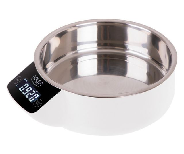 Кухненска везна с купа Adler AD 3166, 5 кг, LCD дисплей, ТАРА, Бял/Инокс
