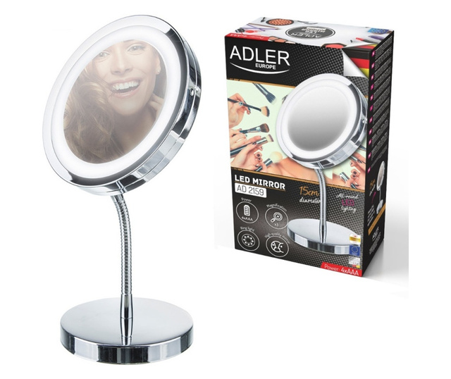 Козметично огледало Adler AD 2159, Диаметър 15 см, LED осветление, Тройно увеличение, Сребрист
