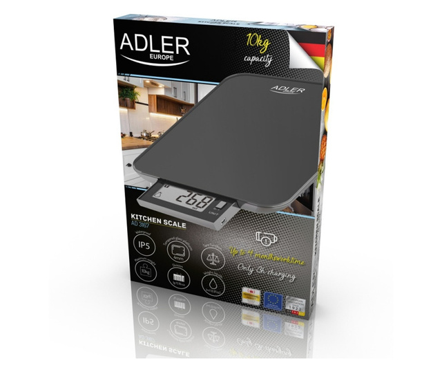 Кухненска везна с USB Adler AD 3167B, 10 кг, IPX5, g, lb:oz, ml, Черен