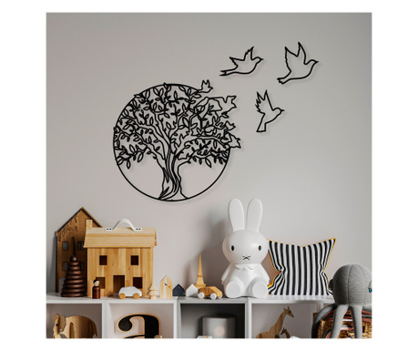 Decoratiune de perete Metal Tree And Birds3, Negru, 56x1x61 cm