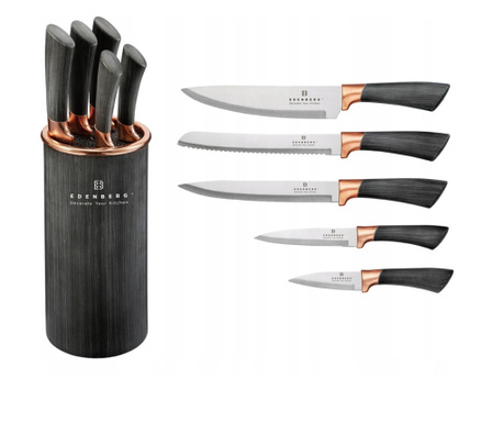 Комплект ножове с поставка Edenberg EB-5112, 6 ч, Неръждаема стомана, Черен/златист