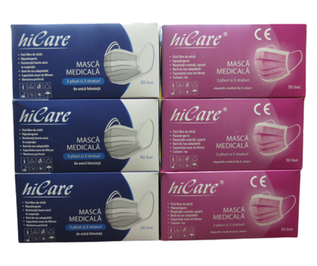 Комплект медицински маски HiCare, BFE>98% синьо и BFE>99% розово, 3 слоя, 3 пласта, 6 кутии х 50 броя