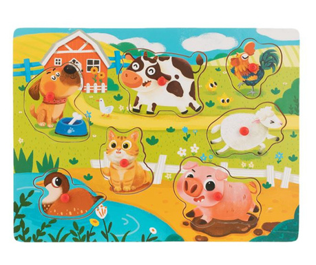 Puzzle incastru din lemn, Animale domestice, 7 piese, 30x22.5 cm