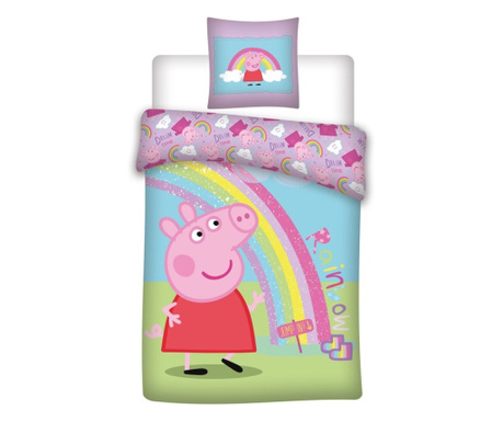 Lenjerie de pat copii, Peppa Pig Pink Rainbow, 2 piese, 140x200 si 63x63 cm
