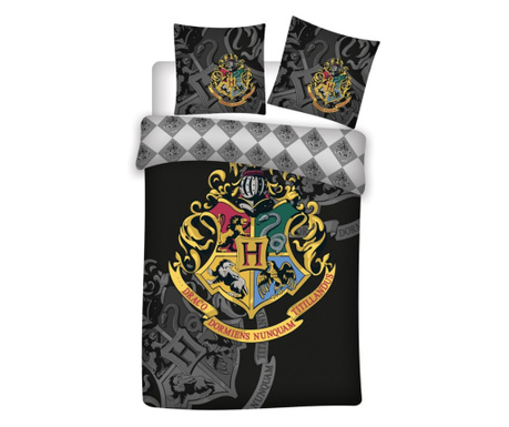 Lenjerie de pat copii, Harry Potter Hogwarts 2 piese 140x200, 60x63 cm, negru