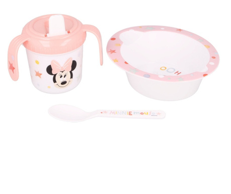 Set hranire bebelusi, Minnie Mouse, cana antrenament 240 ml, bol si lingura