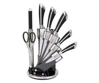 Set cutite otel pe suport Royalty Line RL-KSS700, 8 bucati, Ascutitor si foarfece, Negru/inox