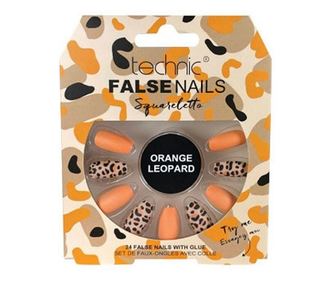 Set 24 umetnih nohtov, Technic, umetni nohti, Squareletto, oranžni leopard, vključen lepilo