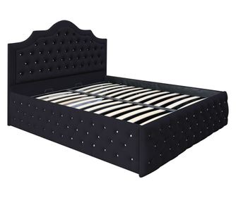 Pat dublu tapitat Colorado Deluxe cu nasturi sticla, 140/200 cm, culoare negru, cu somiera metalica rabatabila si spatiu de depo