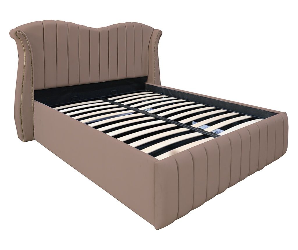 Pat dublu tapitat model Hawaii, 140/200 cm, culoare cappuccino, cu somiera metalica rabatabila si spatiu de depozitare