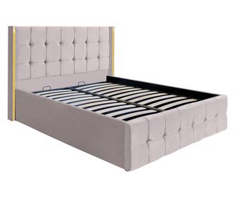 Pat dublu tapitat model Nevada 120/200 cm culoare crem cu somiera metalica rabatabila si spatiu de depozitare