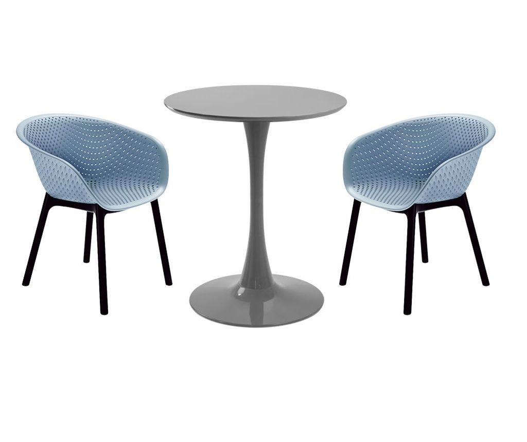 RAKI Kitchen Furniture Set, Round Grey Table D60xh76cm Nikko and 2 Blue Havana Armchair-style Polypropylene Chairs