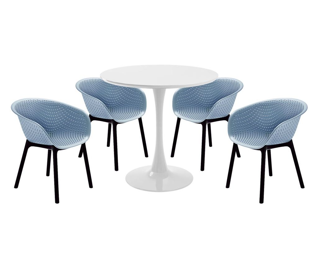 RAKI Kitchen Furniture Set, Nikko White Round Table D80xh76cm and 4 Havana Blue Polypropylene Armchair-style Chairs