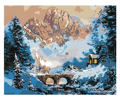 Set pictura pe numere Peisaj de iarna 1247, panza bumbac pe rama lemn, 90x120, tablou cu schita, 3 pensule si vopsea acrilica