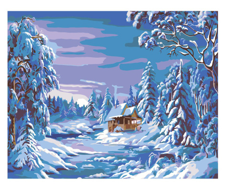 Set pictura pe numere Peisaj de iarna 1249, panza bumbac pe rama lemn, 90x120, tablou cu schita, 3 pensule si vopsea acrilica