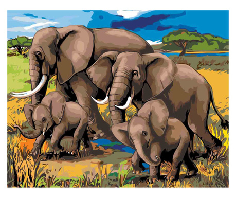 Set pictura pe numere Elefanti 3398, panza bumbac pe rama lemn, 40x50 cm, tablou cu schita, 3 pensule si vopsea acrilica