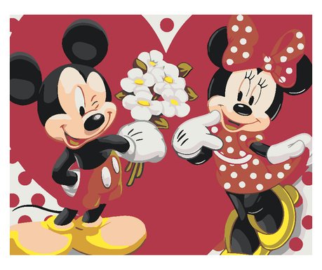 Set pictura pe numere Mickey and Minnie mouse 3417, panza bumbac pe rama lemn, 60x80 cm, tablou cu schita, 3 pensule si vopsea a