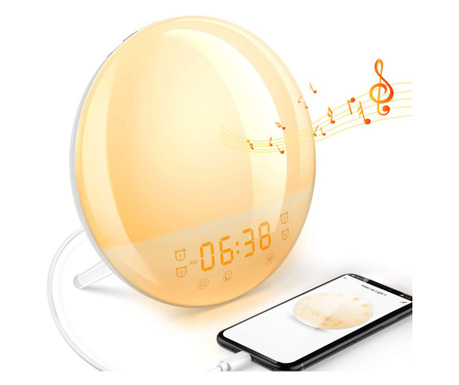 Интелигентна LED лампа, FM радио с часовник и аларма, симулация на изгрев и залез, бели звуци, 7 LED цвята, USB порт, управление