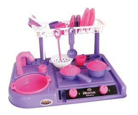 Bucatarie din plastic pentru copii, cu accesorii de bucatarie, roz-mov