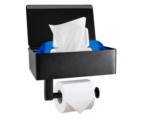 Държач за тоалетна хартия, Quasar & Co., с рафт за съхранение и рафт за мокри кърпички, 20,5 x 13 x 15,5 cm, метал, тъмночерно