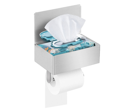 Държач за тоалетна хартия, Quasar & Co., с рафт за съхранение и рафт за мокри кърпички, 20,5 x 13 x 15,5 cm, метал, сив