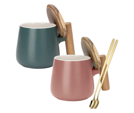 Комплект от 2 чаши за кафе/чай и лъжица, Quasar & Co., с бамбуков капак и дръжка, лъжица от неръждаема стомана, керамика, 350 ml