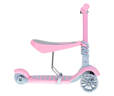 Tricicleta pentru copii cu 3 funcții, trotineta și skateboard, roz, roti acoperite cu cauciuc și iluminate cu leduri, pentru cop