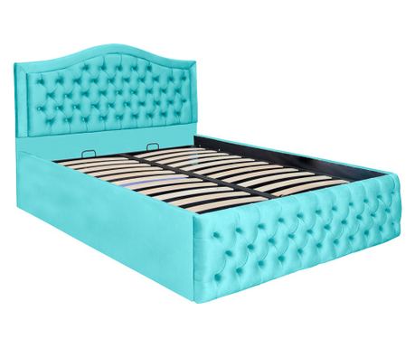 Pat dublu tapitat model Arizona 140/200 cm culoare verde marin cu somiera metalica rabatabila si spatiu de depozitare
