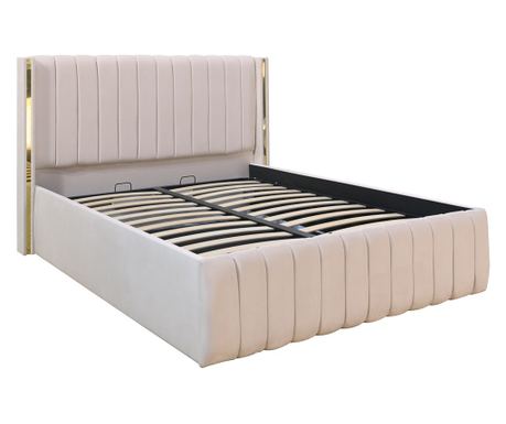 Pat dublu tapitat Georgia, 140/200 cm, crem cu benzi aurii, cu somiera metalica rabatabila si spatiu de depozitare