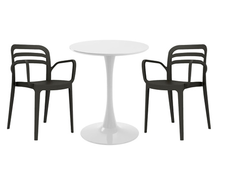 RAKI Set mobila bucatarie, masa rotunda alba D60xh76cm Nikko si 2 scaune polipropilena Aspendos negre