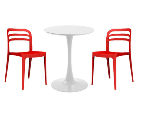 RAKI Set mobila bucatarie, masa rotunda alba D60xh76cm Nikko si 2 scaune polipropilena Aspen rosii