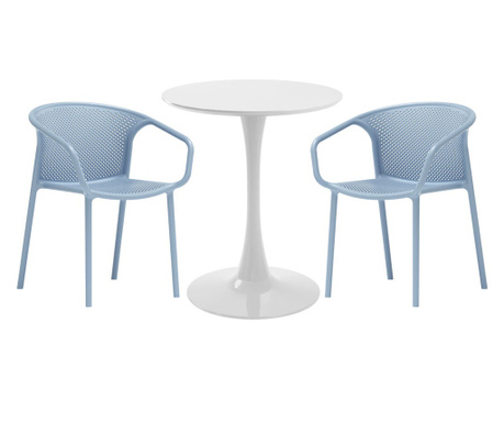 RAKI Set mobila bucatarie, masa rotunda alba D60xh76cm Nikko si 2 scaune polipropilena cu spatar rotunjit Chicago albastre