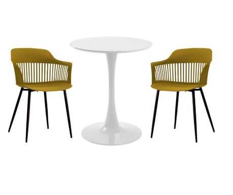 RAKI Set mobila bucatarie, masa rotunda alba D60xh76cm Nikko si 2 scaune polipropilena/picioare metalice Florida galben/negru