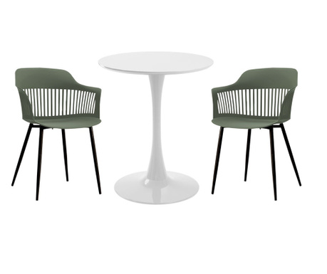 RAKI Set mobila bucatarie, masa rotunda alba D60xh76cm Nikko si 2 scaune polipropilena/picioare metalice Florida verde/negru