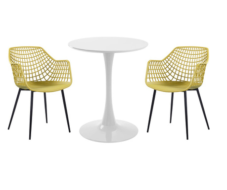 RAKI Set mobila bucatarie, masa rotunda alba D60xh76cm Nikko si 2 scaune polipropilena/picioare metalice Toyama galben/negru